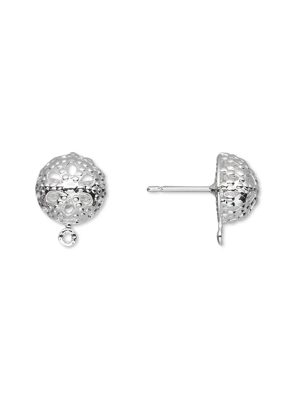 Lacy Sterling Silver Plated Domed 10mm Filigree Stud Post Earring Findings 4 pcs